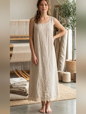 Made in Italy 100% Linen Bohemian Chic Maxi Dress with Lace Hem & Tie Back Sz L